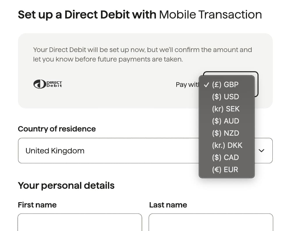 Subscribing via GoCardless allows customers to pick a currency GoCardless currency options