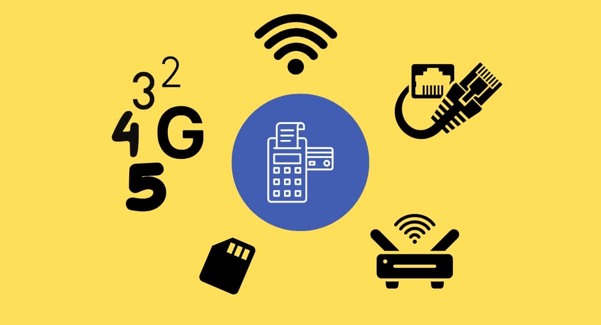 card machine surrounded by WiFi, LAN, Bluetooth, SIM card and 2G/3G/4G/5G