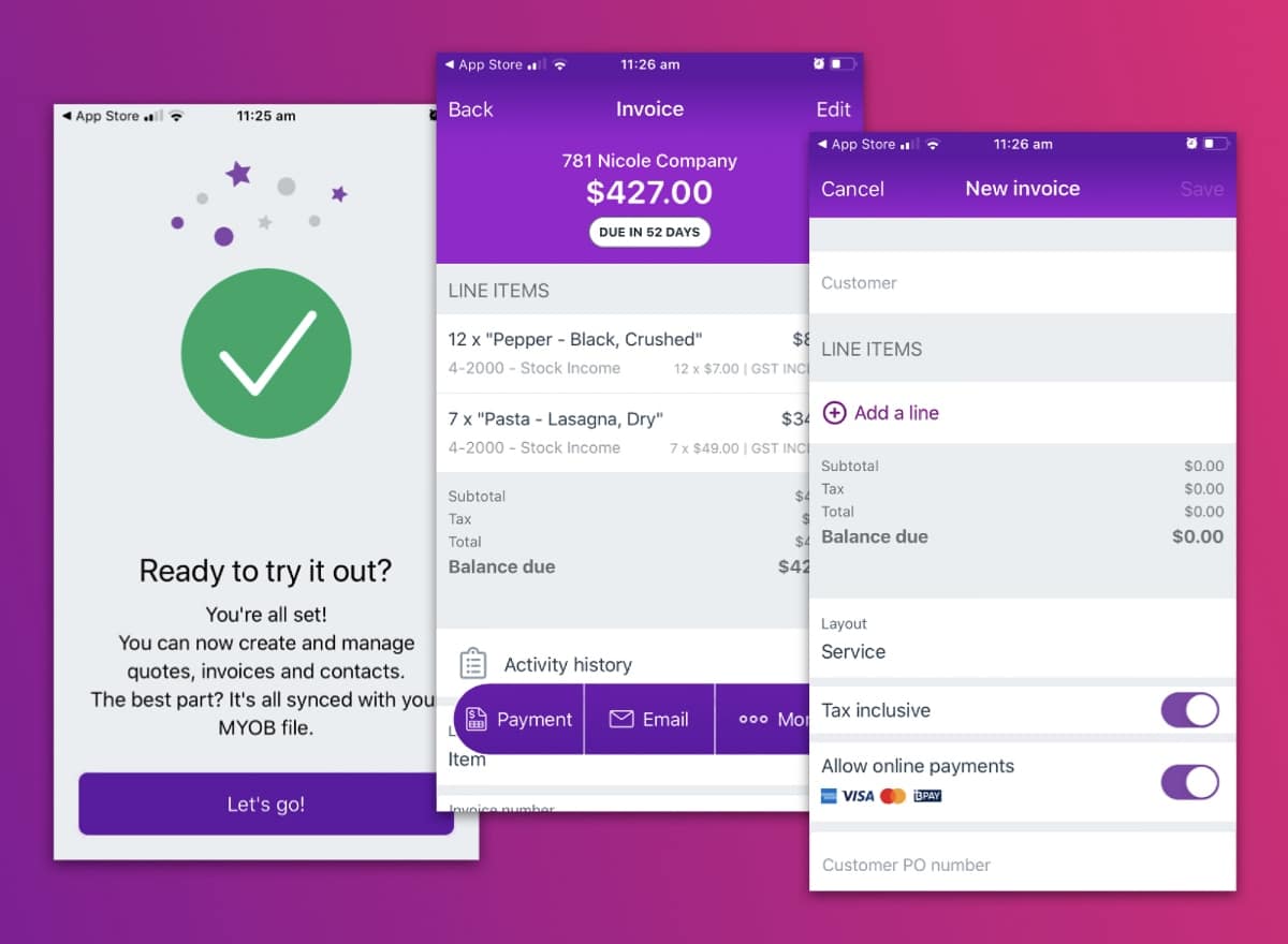 The MYOB Invoice app works on iOS and Android phones MYOB invoice app screens