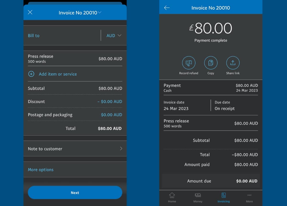 PayPal invoices can be create in the PayPal Business app PayPal invoice app screens