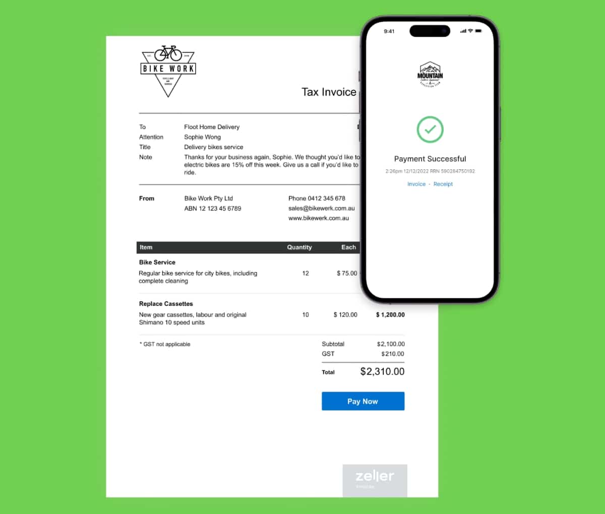 Zeller Invoices – example invoice and payment on phone Zeller invoice document and smartphone
