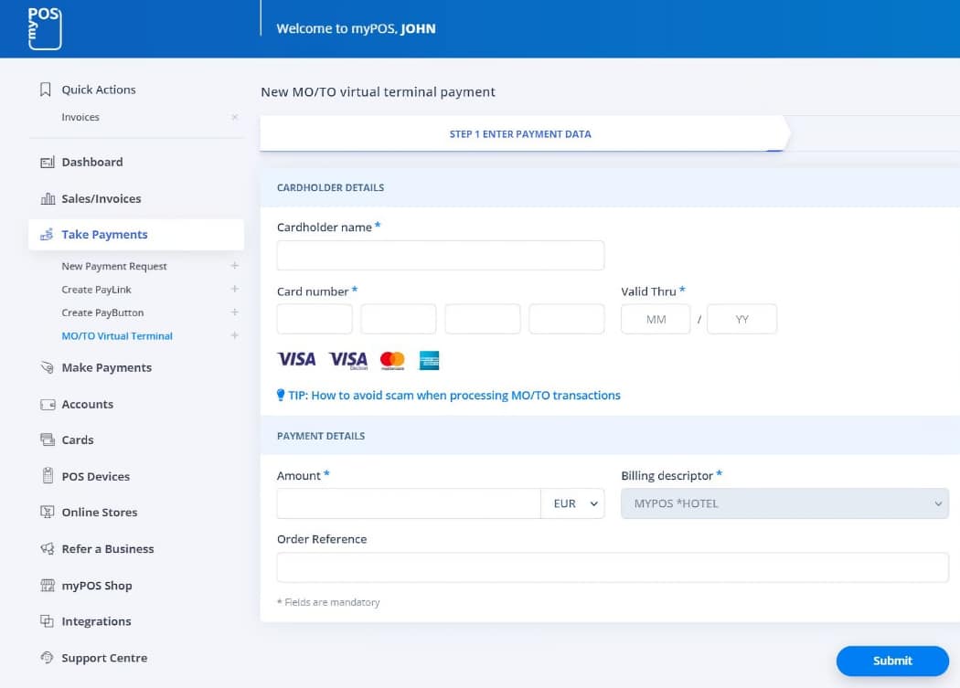 myPOS Virtual Terminal page in browser dashboard myPOS MOTO payment