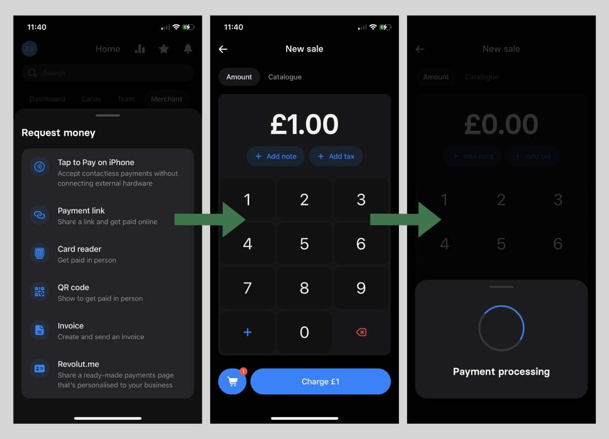 Revolut Tap to Pay on iPhone Revolut Business app screens for Tap to Pay on iPhone