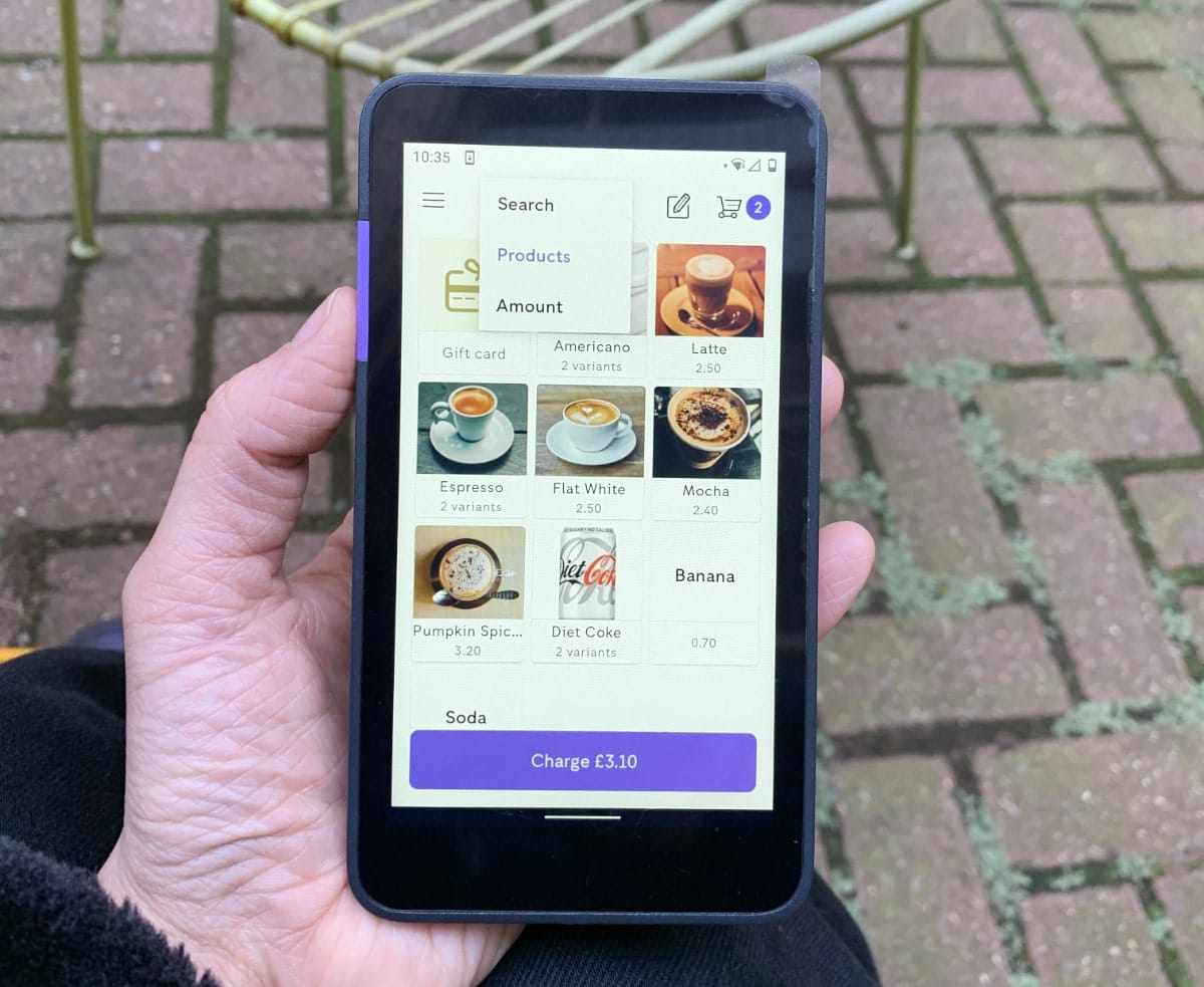 Zettle Terminal works like a portable point of sale system with its Zettle Go app Zettle Terminal app's product menu screen