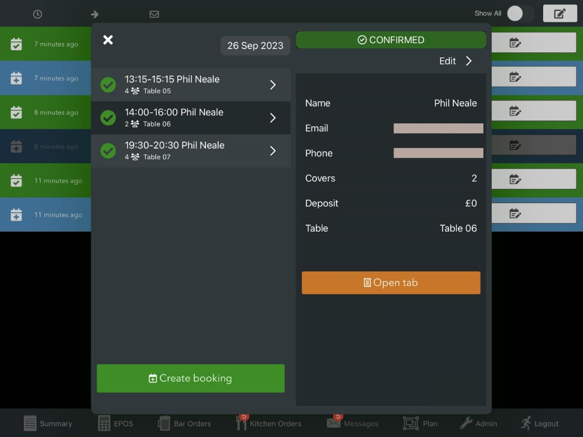 Incoming bookings appear in the BarTab app Incoming customer booking viewed in the EPOS app
