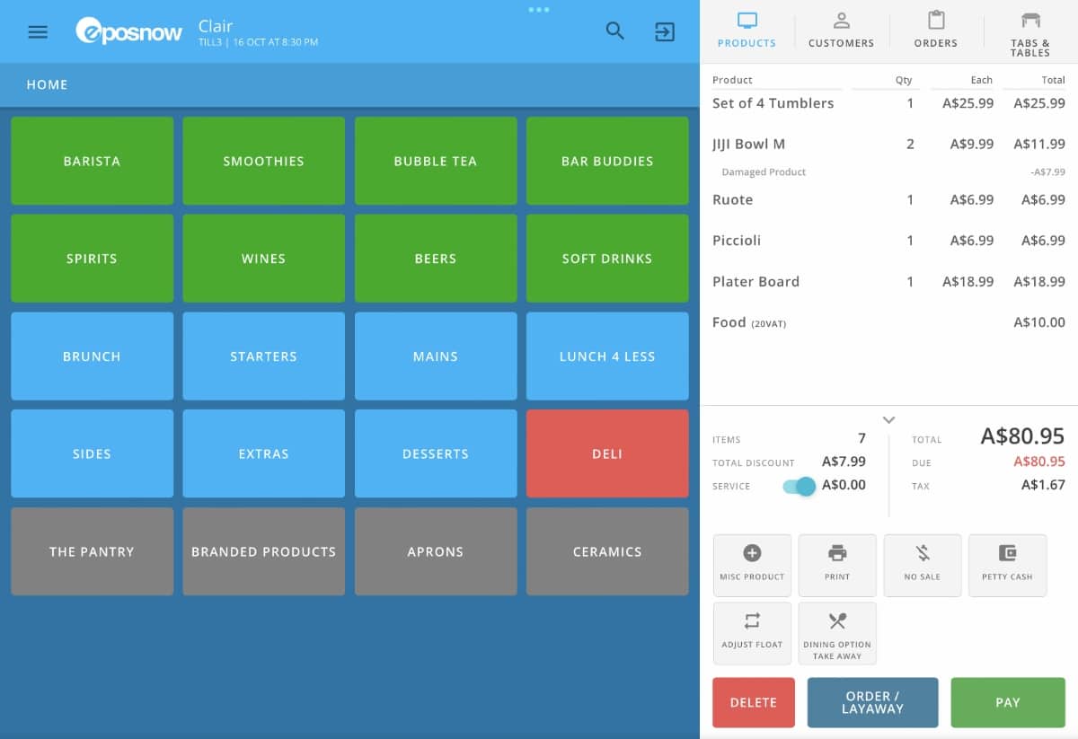 Epos Now checkout interface Epos Now checkout with AUD amounts