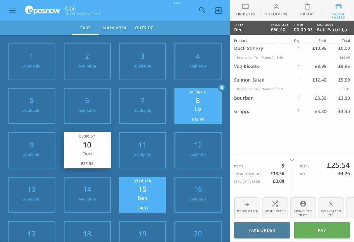 Epos Now order tabs in the app Epos Now iPad app's overview of order tabs
