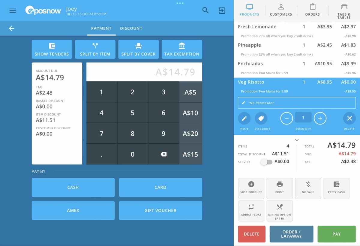 Epos Now payment screen Epos Now payment options in app