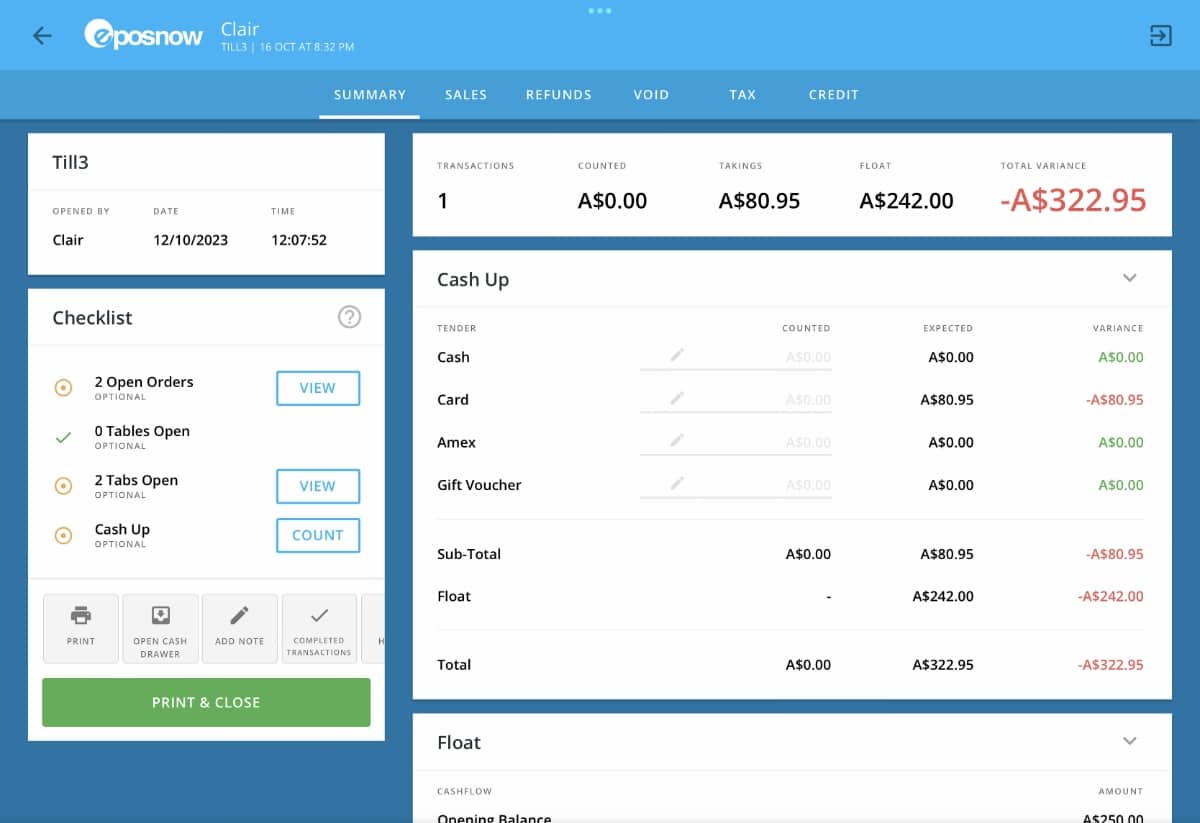 Epos Now end-of-day till summary Epos Now till register summary section in app