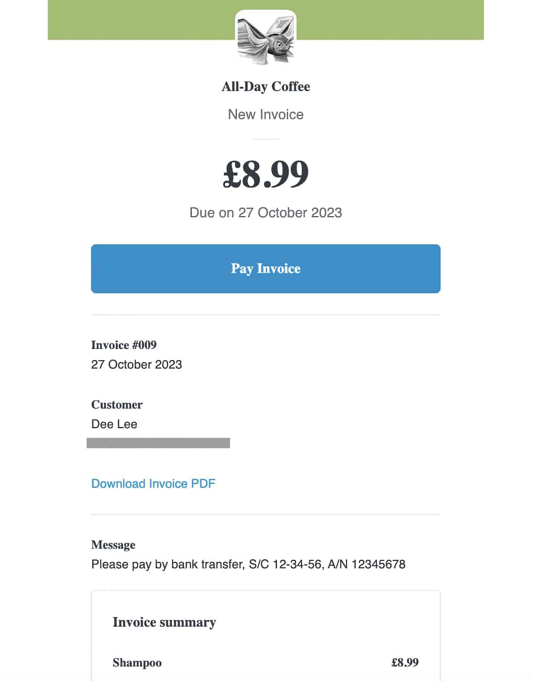 Example of a customer’s email with a Square invoice