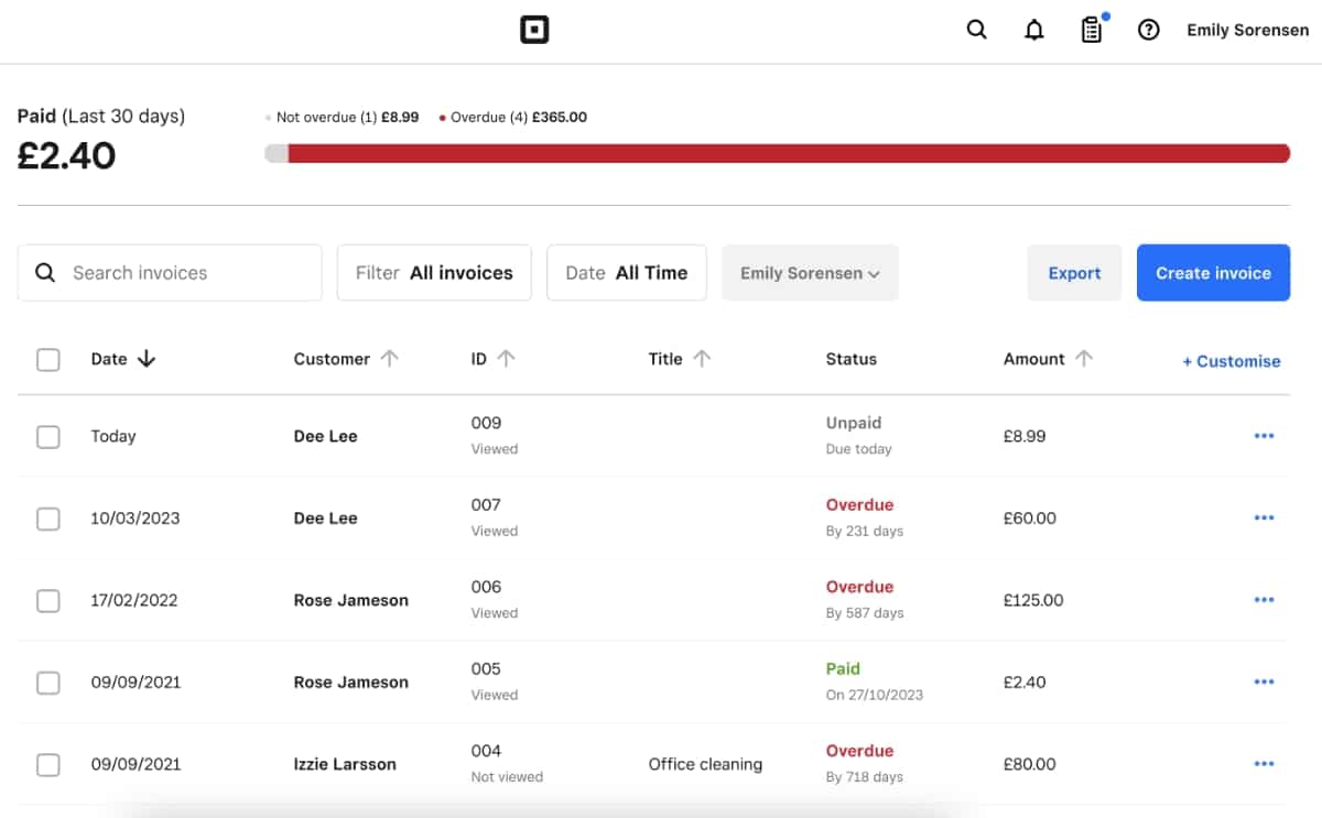 Square invoice overview in the browser Dashboard on a desktop computer