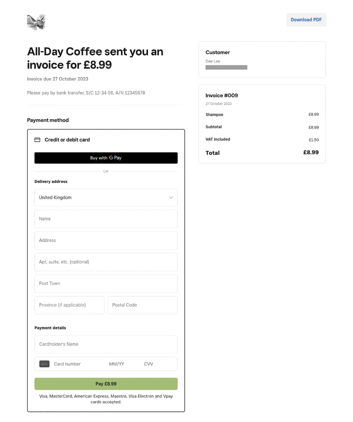 Square invoices have a payment link that goes to a checkout page like this