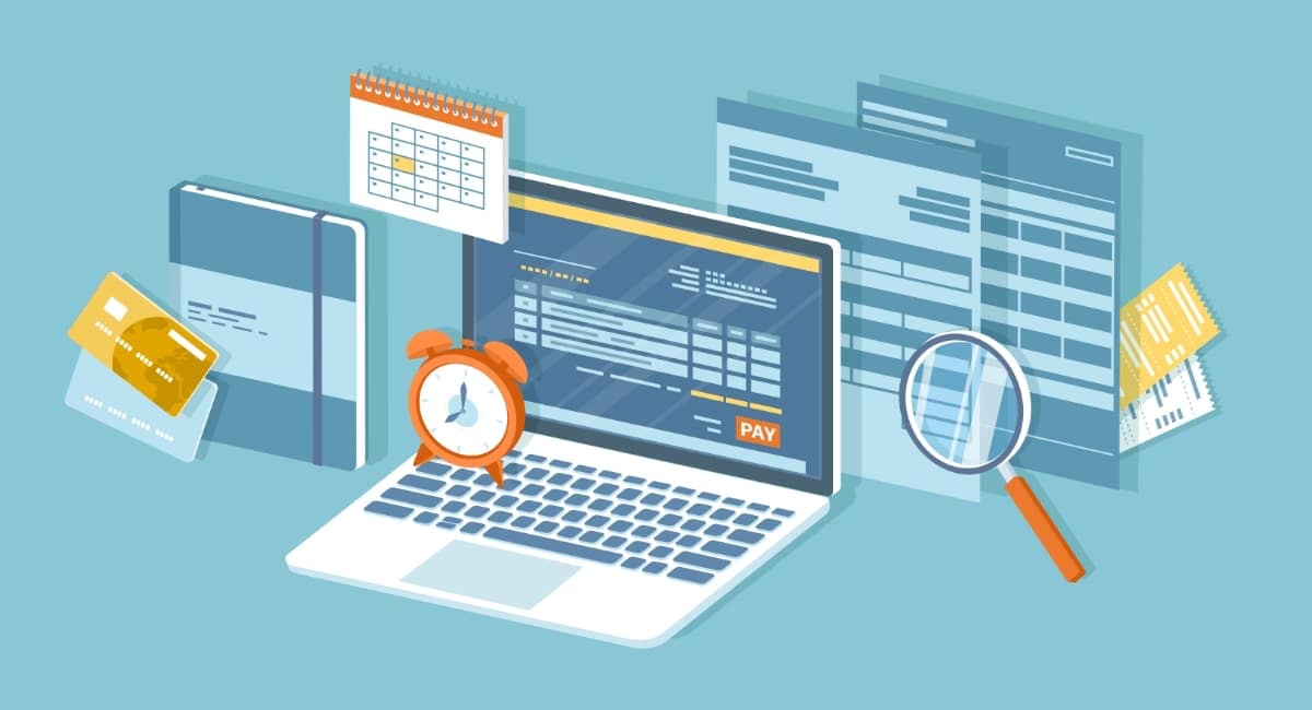 illustration of computer, bank cards, calendar, clock and data screens