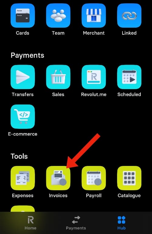 Hub section in the Revolut Business app Revolut Business app hub of features