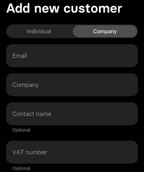 You can save customers in the app to add to Revolut invoices add new customer screen for Revolut invoices