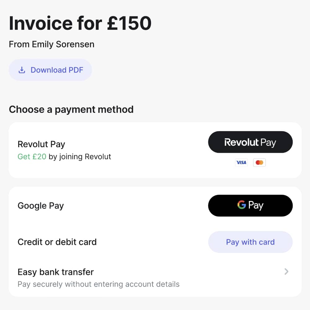 Available payment methods via a Revolut invoice Revolut invoice payment options