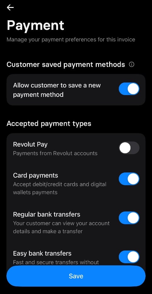 Merchants can select the payment options for Revolut invoices