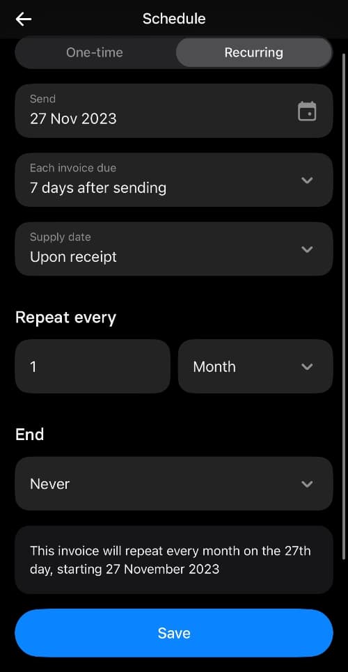 Recurring invoices are scheduled in the Revolut Business app Recurring invoice scheduling settings