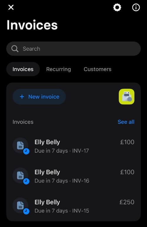 Revolut invoice section in the Revolut Business app Revolut invoice overview in app