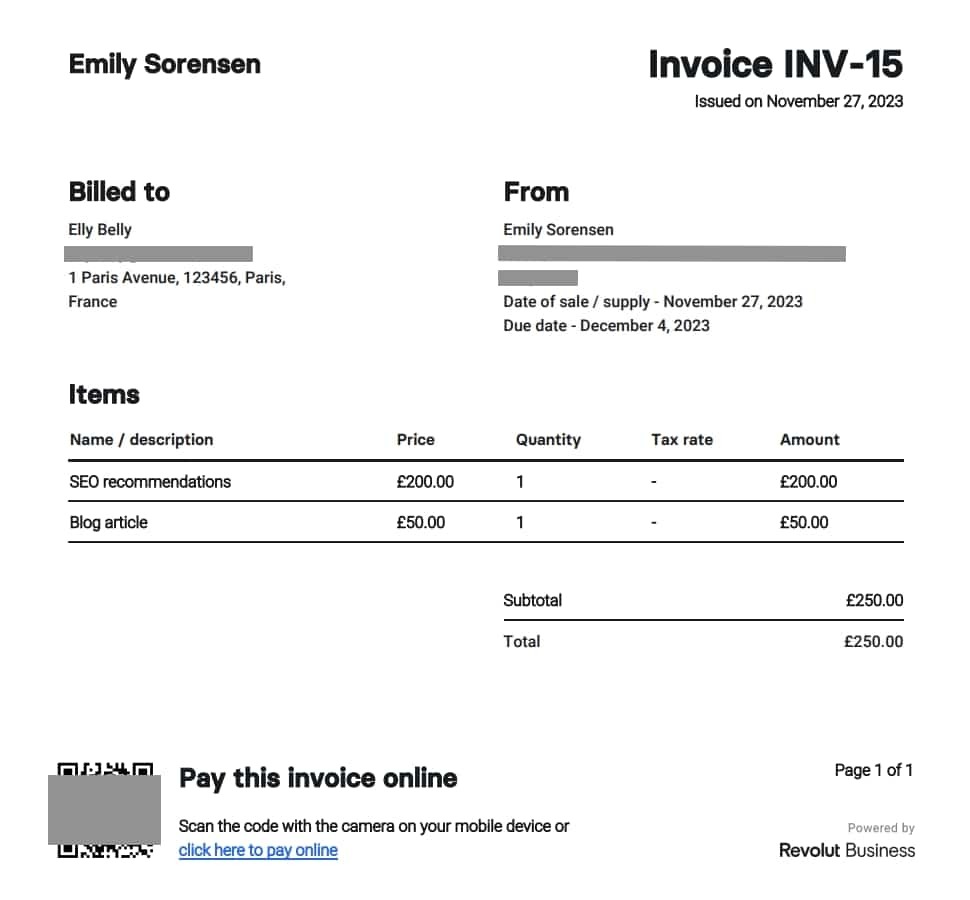 Example of a Revolut PDF invoice Revolut PDF invoice