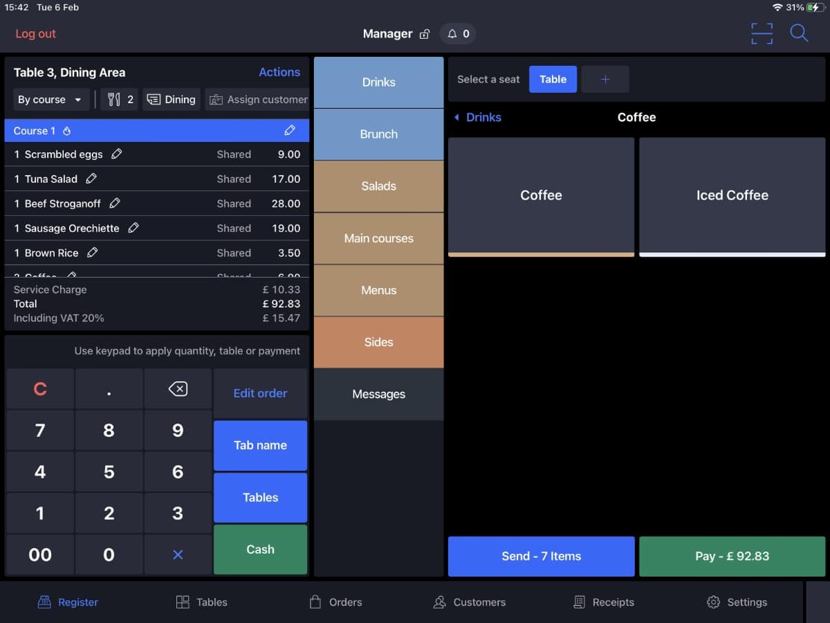 Lightspeed Restaurant’s checkout interface Lightspeed Restaurant app interface