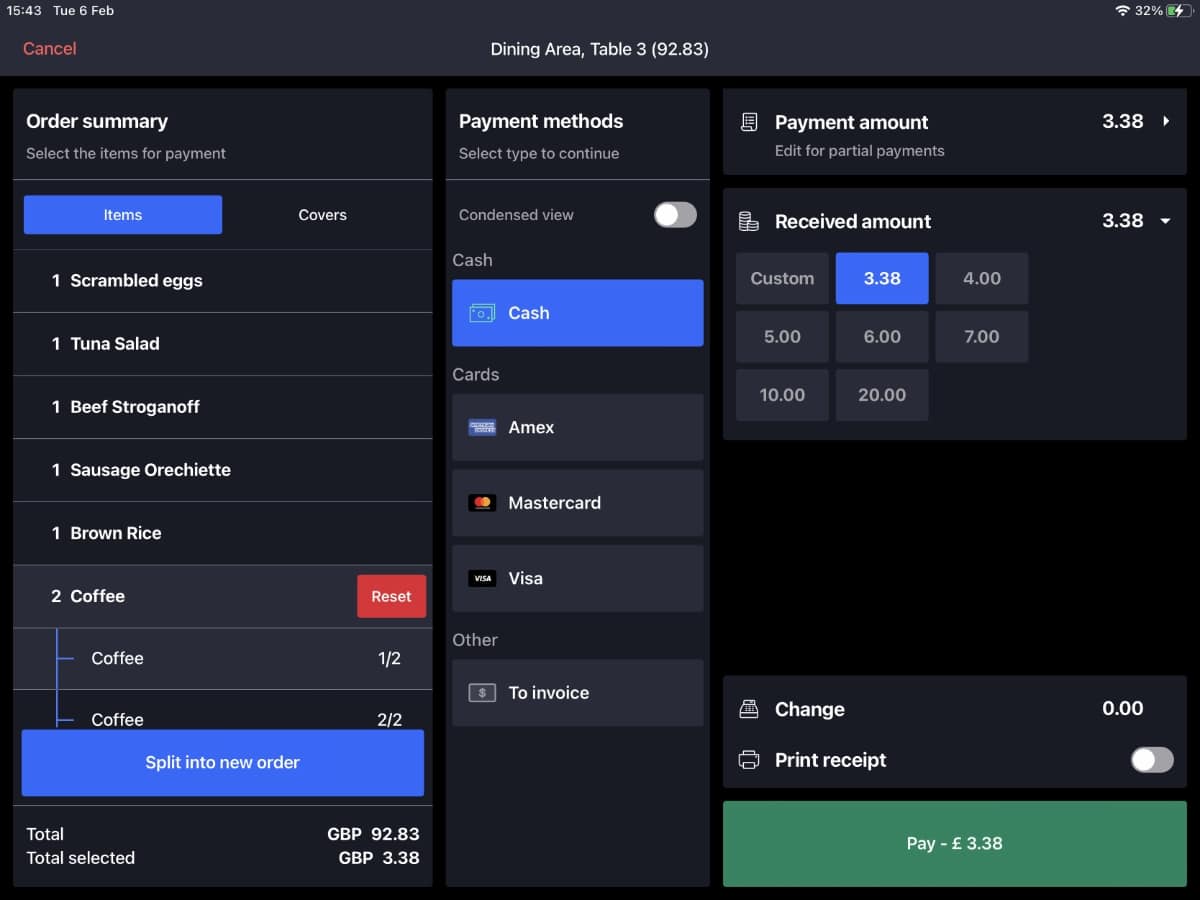 Lightspeed Restaurant’s payment options in the iPad app Lightspeed Restaurant payment options app screen