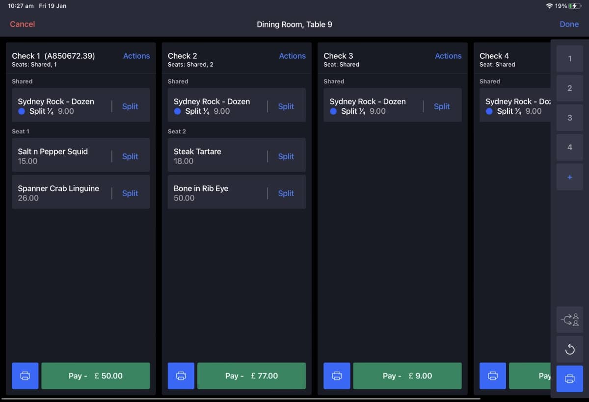 Example of Lightspeed Restaurant app’s table tabs table tabs in Lightspeed Restaurant app