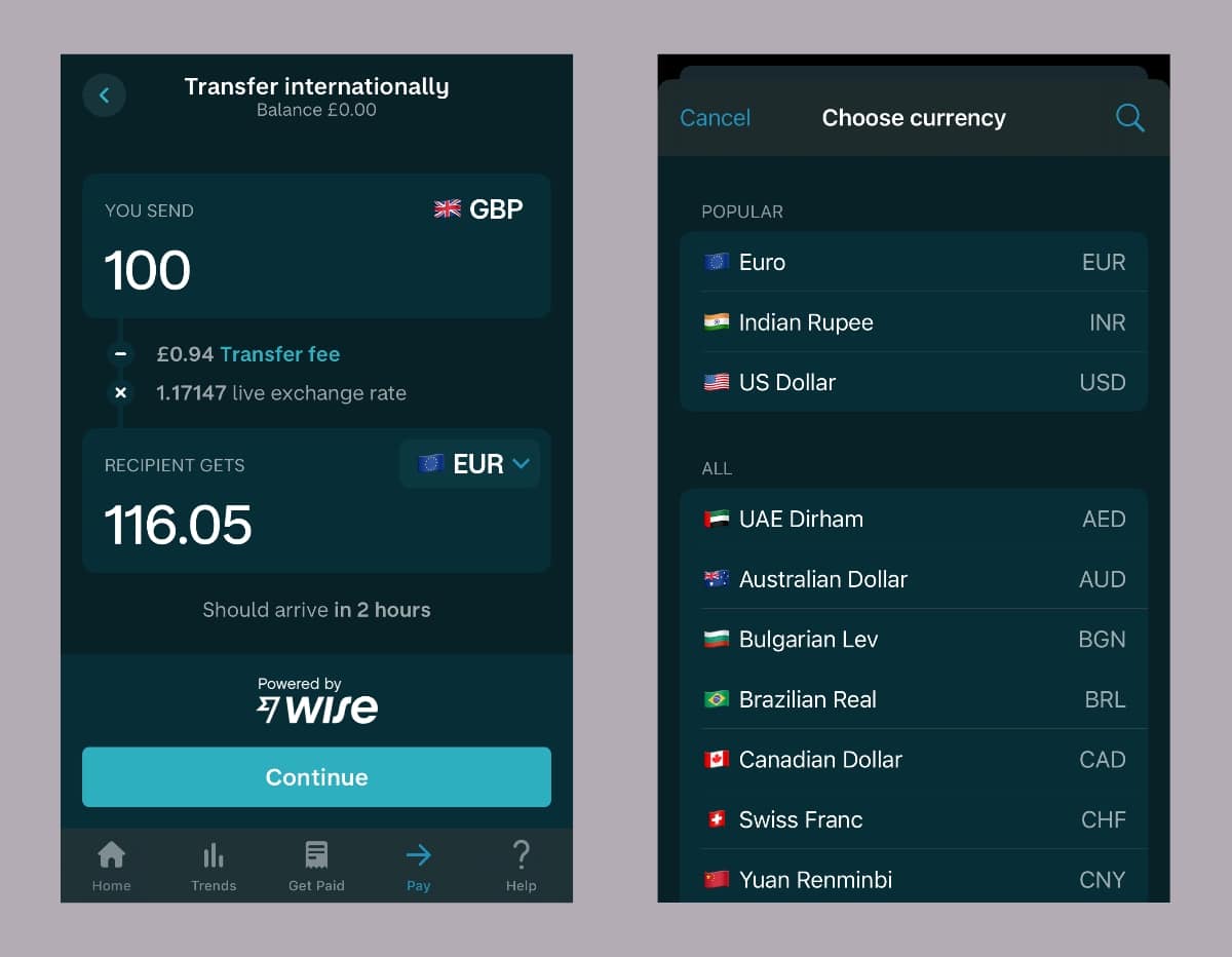 Monzo lets you send payments abroad (powered by Wise) Monzo app's international payment screens