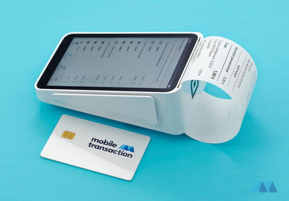 Square Terminal has a receipt printer Square Terminal with receipt, next to a Mobile Transaction card