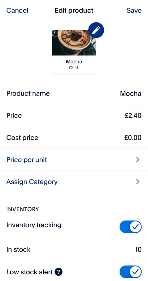 Zettle Go app's edit product screen