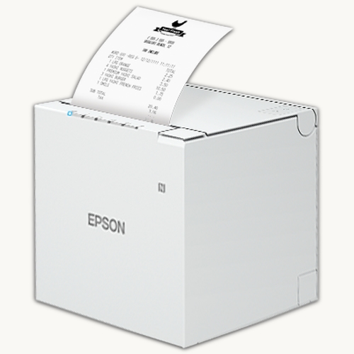 The Epson TM-m30 printer is very angularly cube-shaped Epson TM-m30 white receipt printer