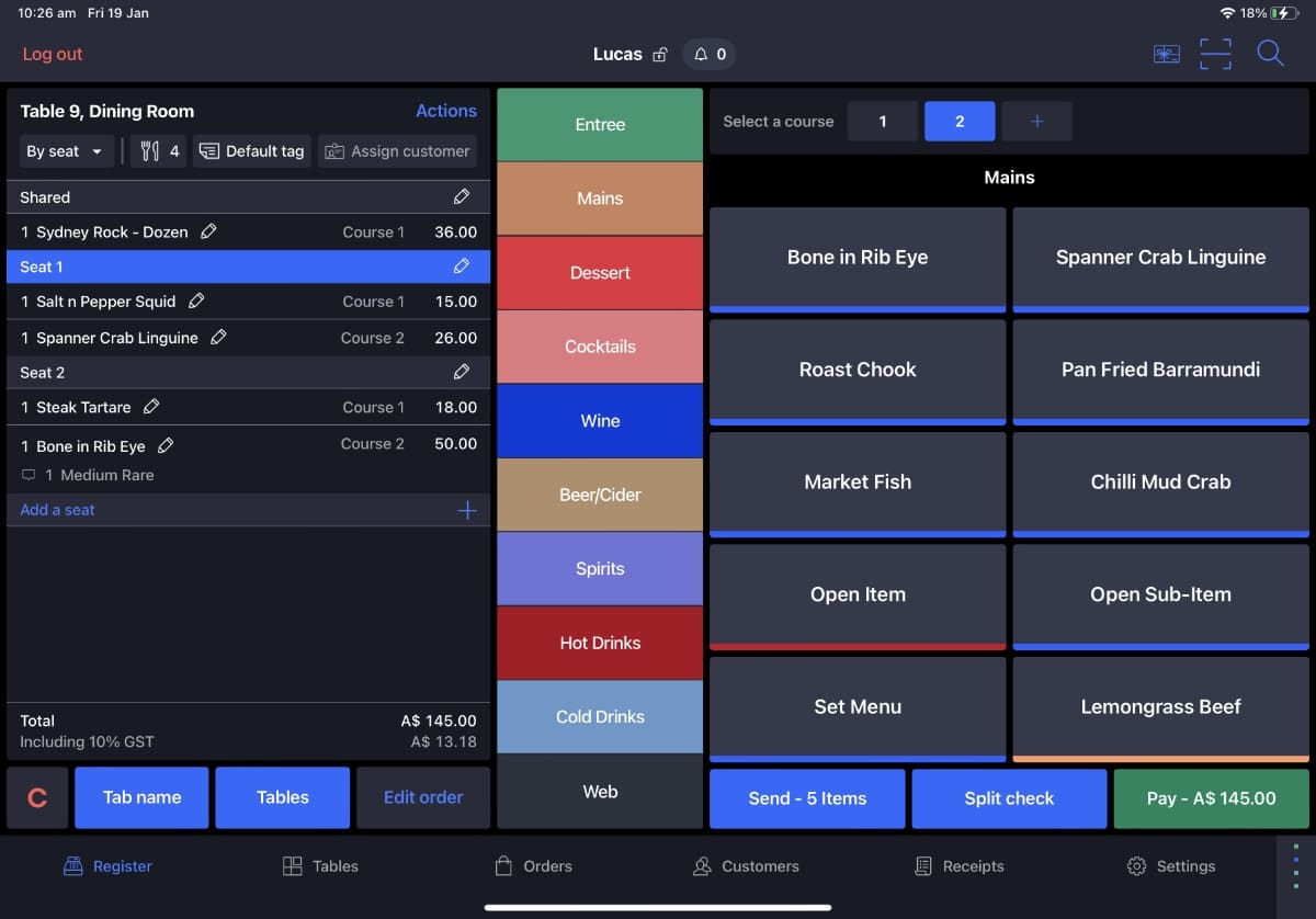 The Lightspeed Restaurant app has a very organised checkout layout Lightspeed Restaurant app checkout screen in Australia