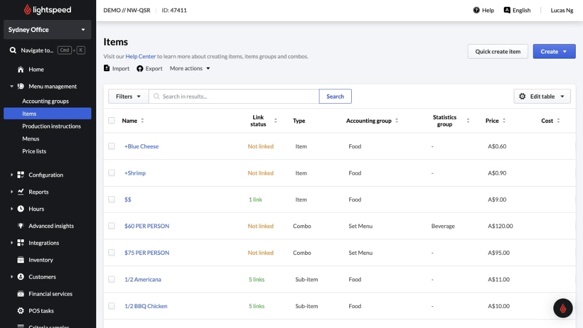 Lightspeed Restaurant menu settings in Back Office