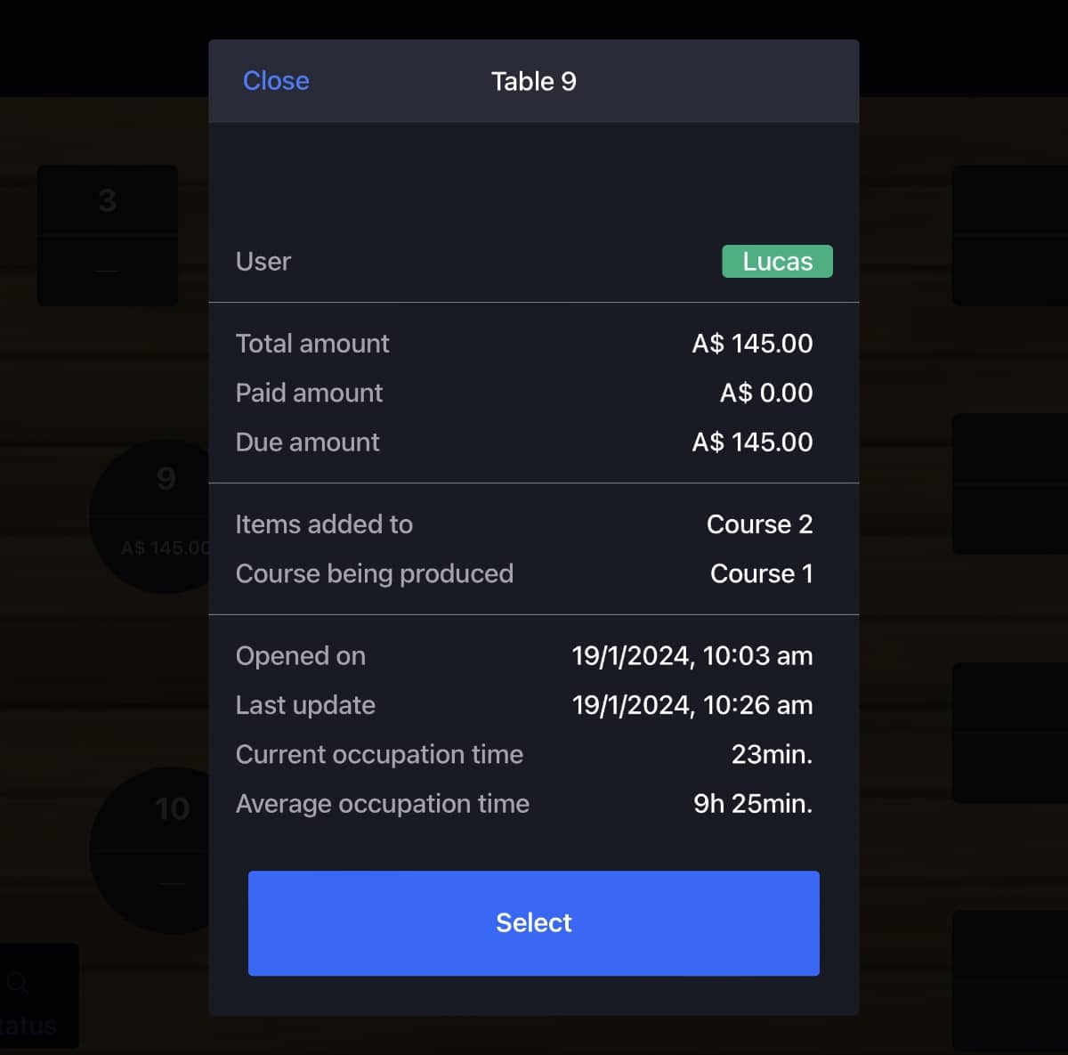 You can select a table in the Lightspeed Restaurant app to view a summary of its current order status A popup information box in the Lightspeed Restaurant app showing a summary of the table orders