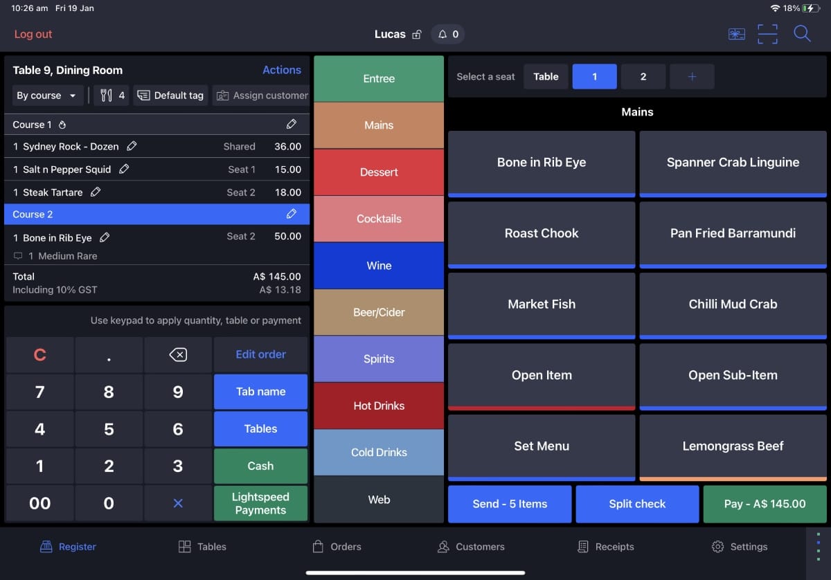 The Lightspeed Restaurant app has a checkout interface that’s fairly easy to work out Lightspeed Restaurant checkout interface in iPad app