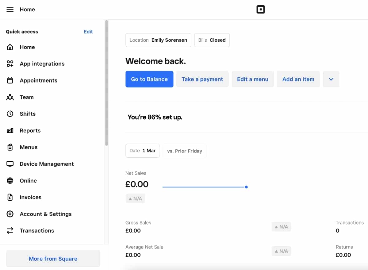 Square Dashboard is where merchants manage back-end functions of the business Square Dashboard's home page