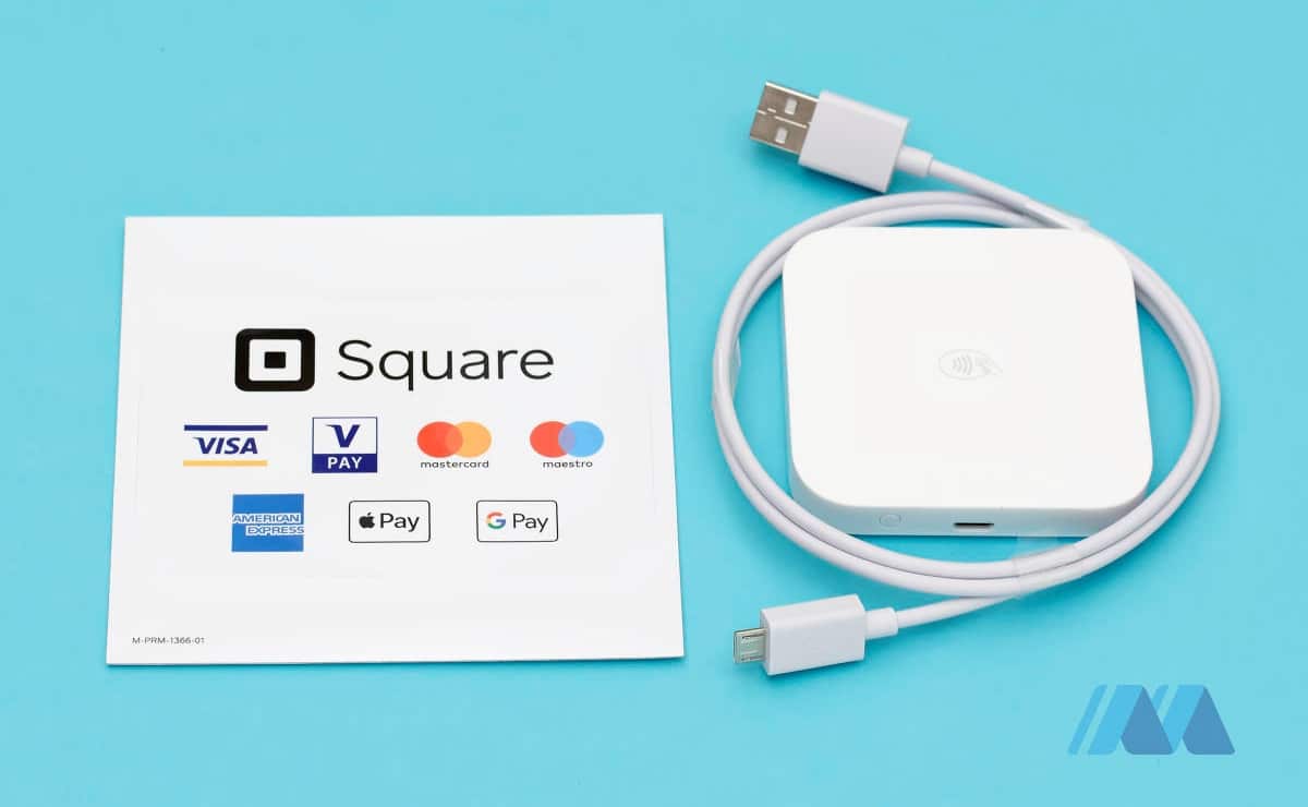 Square Reader comes with a charging cable and decals Square Reader, cable and decal sticker