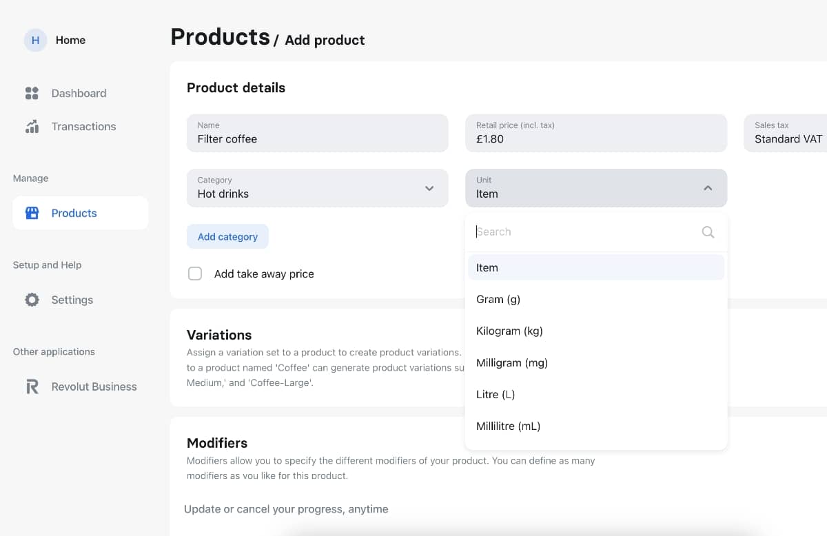 Revolut POS dashboard: this is where you add products to your POS system Product settings in the Revolut POS dashboard