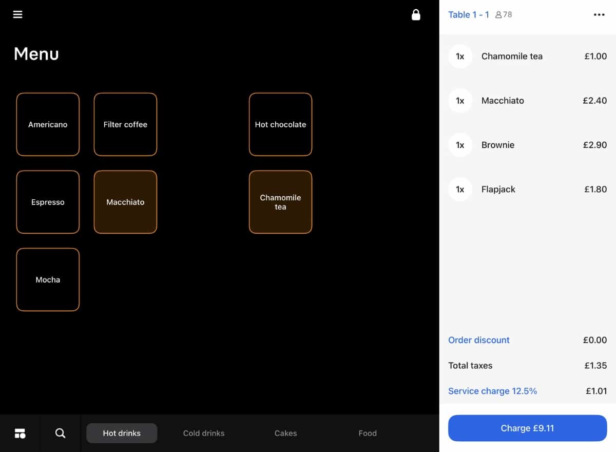 Revolut POS menu and bill Revolut POS app checkout interface