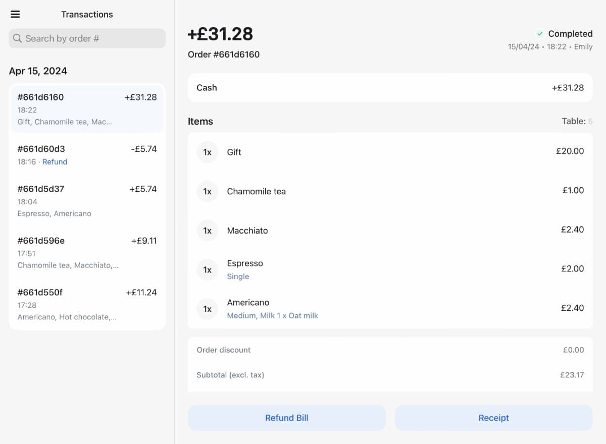 Revolut POS transactions list Past transactions in the Revolut POS app