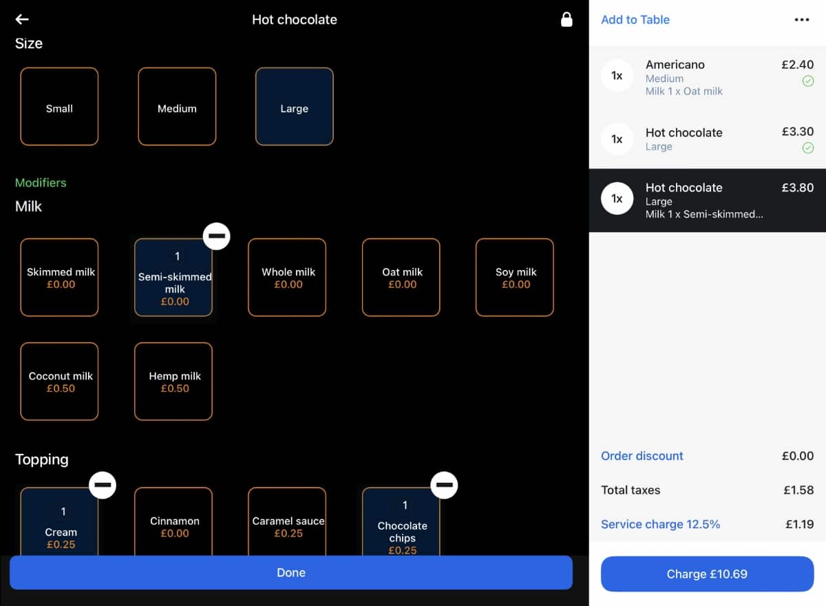 Example of Revolut POS variants and modifiers Variants and modifier options for a mocha in the Revolut POS app