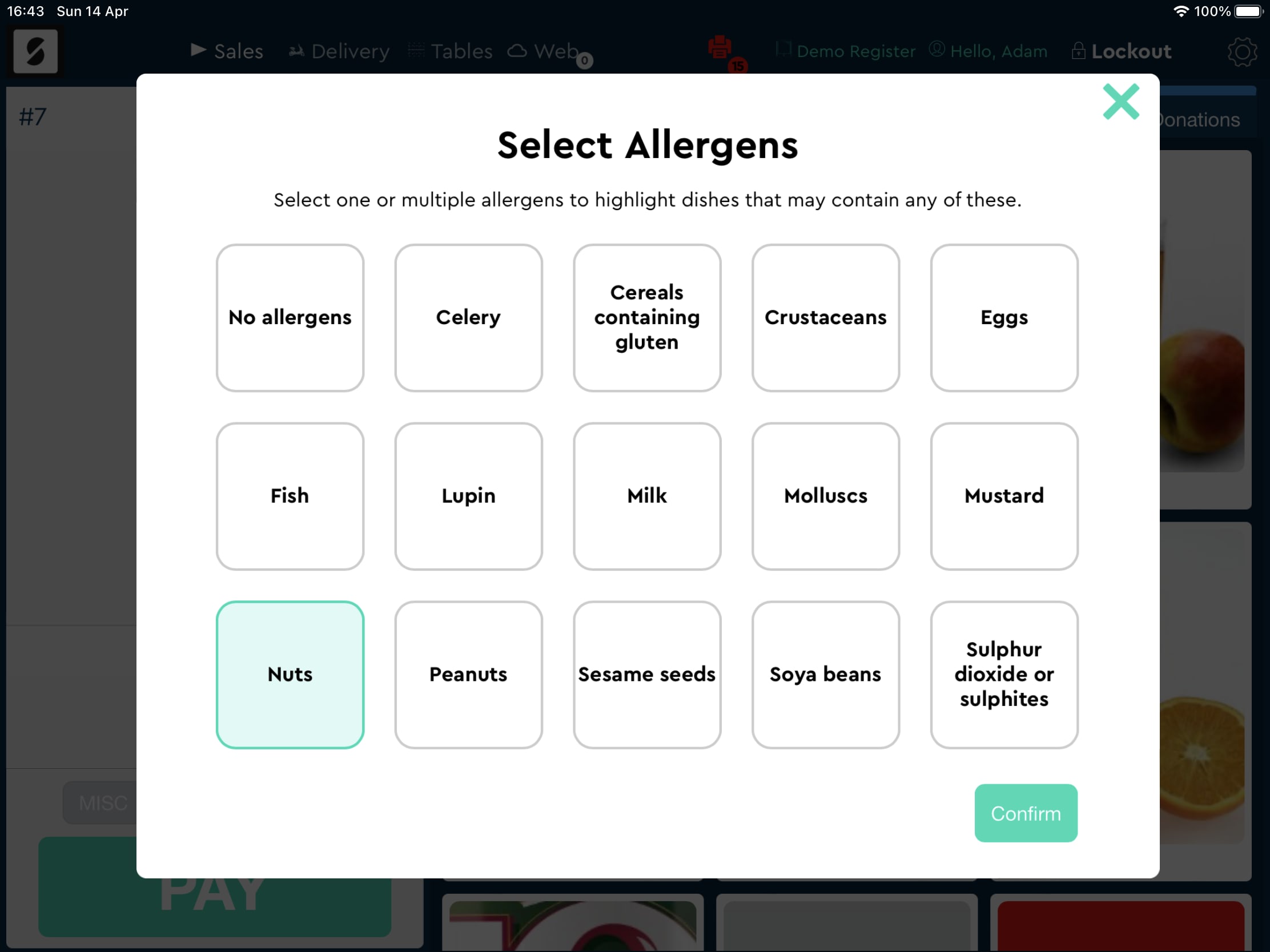 SumUp POS can highlight which dishes have a select allergen