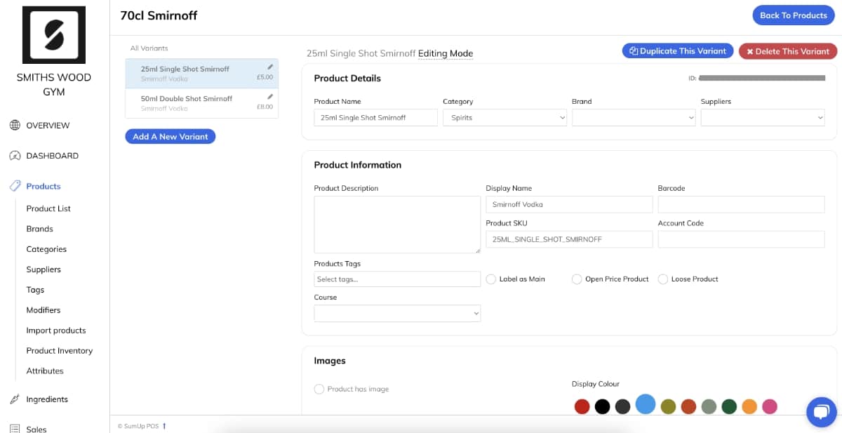 SumUp POS Dashboard: product settings SumUp POS Dashboard screen, product settings section