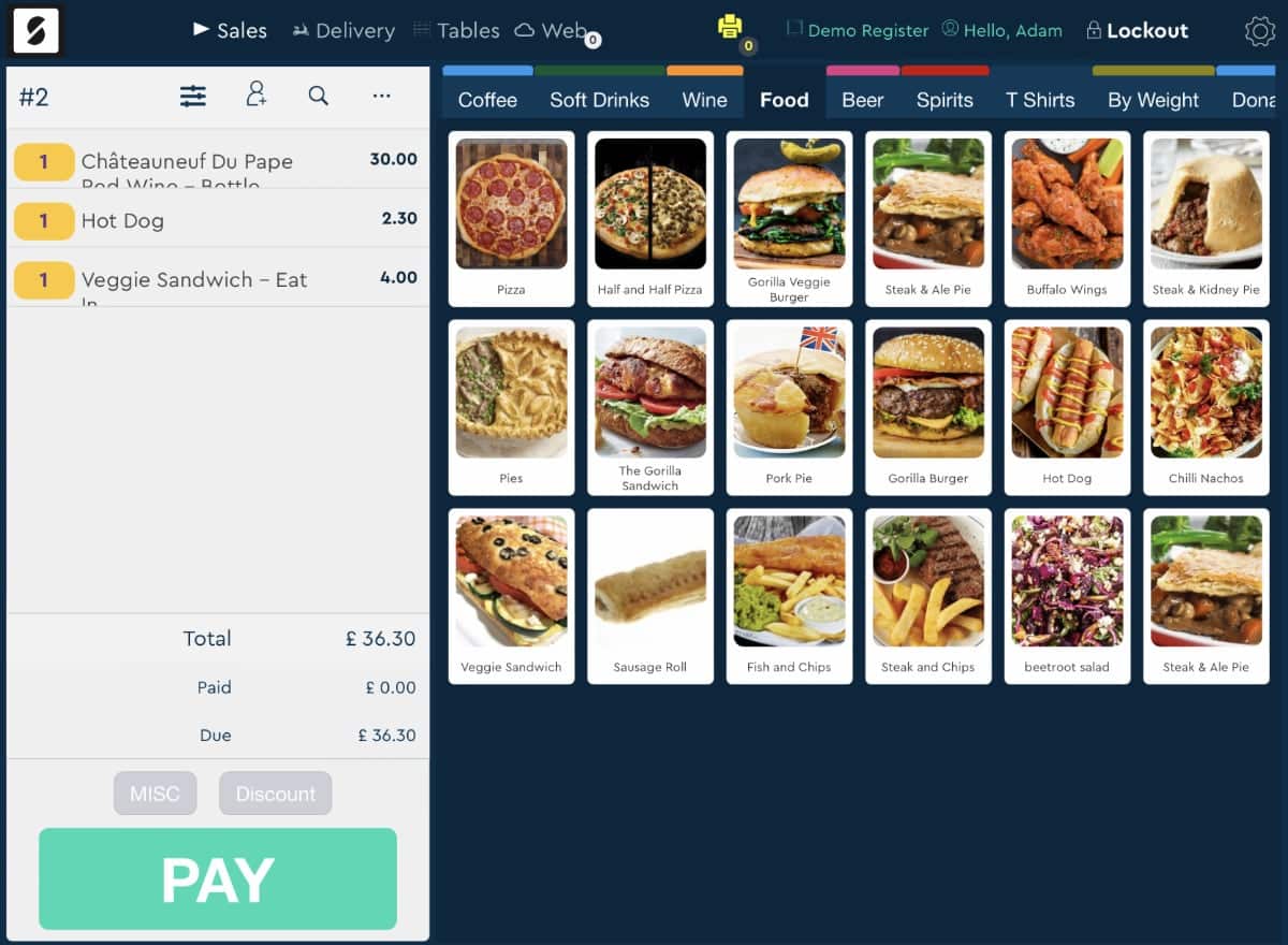 SumUp POS app’s till interface SumUp Point of Sale food menu buttons