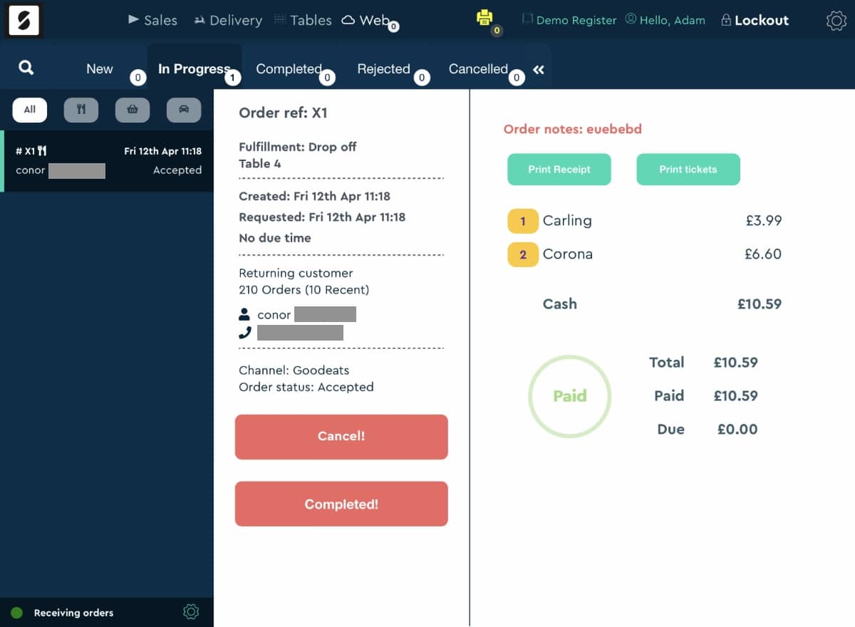SumUp POS order drop-off example SumUp POS order in the app to drop off at a customer table