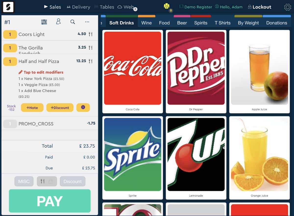 SumUp POS iPad app SumUp POS app interface with a soft drinks menu