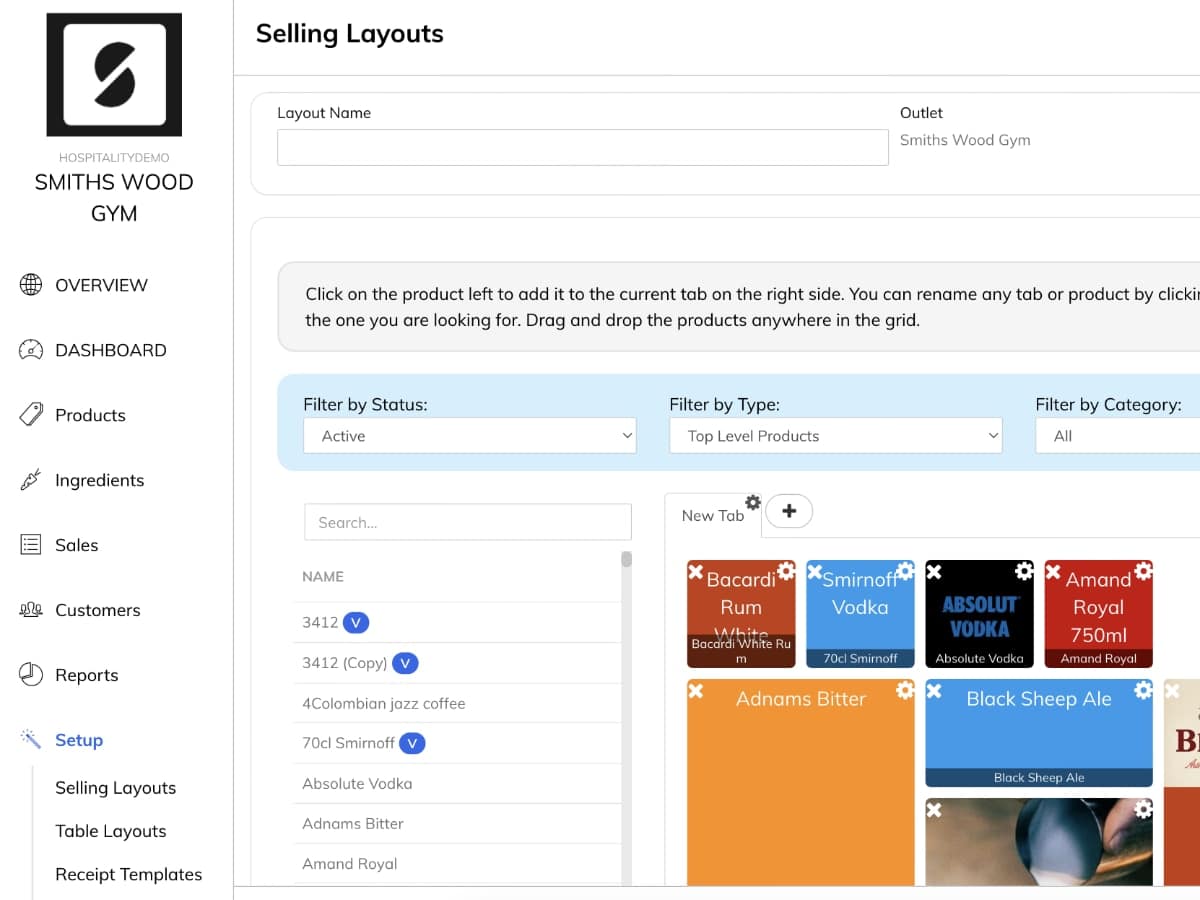 SumUp POS Dashboard: Editing the selling layout for the till register is fairly straightforward SumUp POS Dashboard selling layout editor