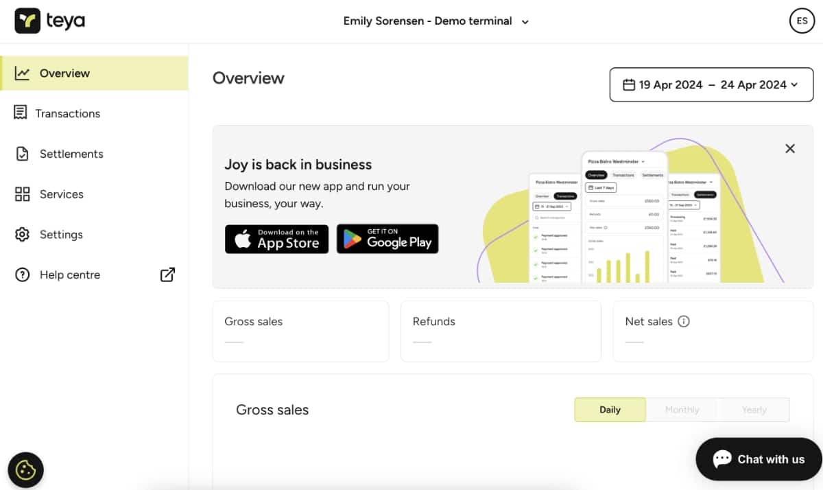 Teya Business Portal is accessed in an internet browser Teya Business Portal - overview page on desktop