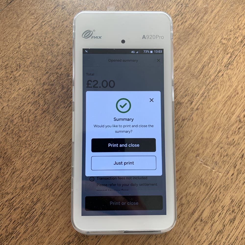 Teya’s terminal lets you close and print a daily sales summary Teya card machine screen asking if you want to view and close sales