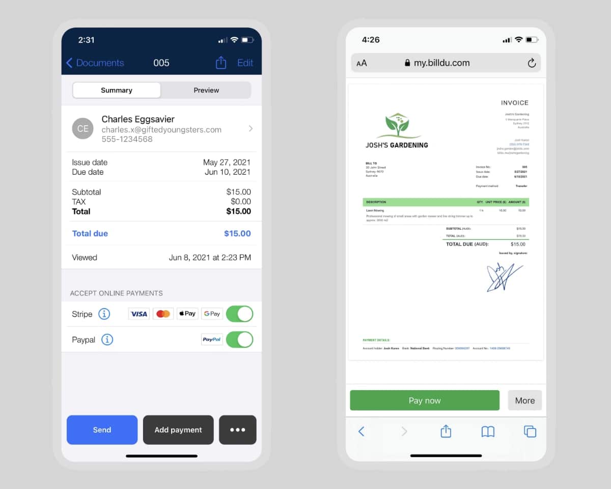 Billdu invoice app screens Two Billdu app invoice creation screens on a phone